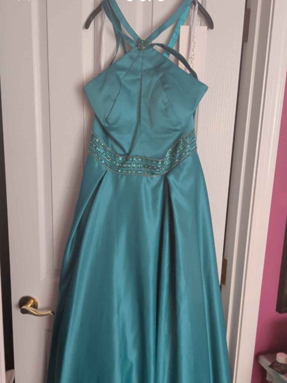 Rachel Allan Jade Green Satin Gown